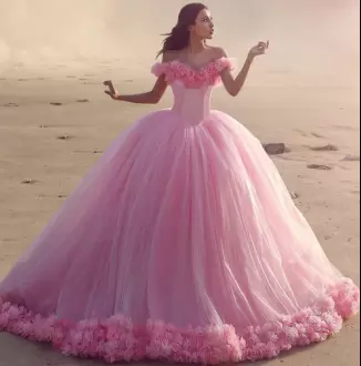 Super Pink Tulle Off The Shoulder Sleeveless With Train Sweet 16 Quinceanera Dress Brush Train Hand Made Flower