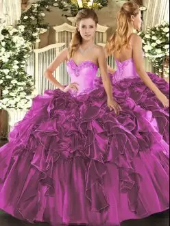 Popular Fuchsia Sleeveless Beading and Ruffles Floor Length Sweet 16 Dress