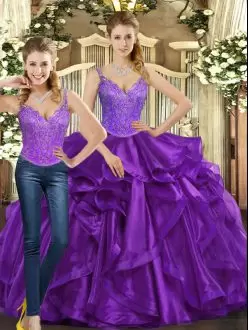 Great Straps Sleeveless Quince Ball Gowns Floor Length Beading and Ruffles Purple Organza