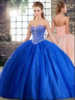 Sleeveless Tulle Brush Train Lace Up Sweet 16 Dress in Blue with Beading