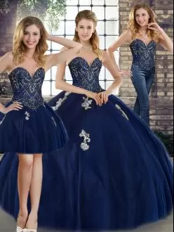 Navy Blue Tulle Lace Up Sweetheart Sleeveless Floor Length Quinceanera Dresses Beading and Appliques