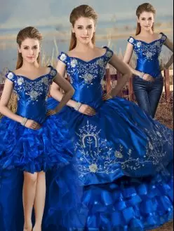 Hot Selling Floor Length Royal Blue 15th Birthday Dress Off The Shoulder Sleeveless Lace Up