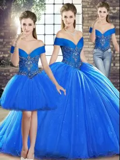 Colorful Royal Blue Three Pieces Off The Shoulder Sleeveless Organza Brush Train Lace Up Beading Vestidos de Quinceanera