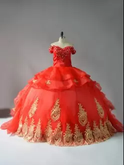 Organza Off The Shoulder Sleeveless Court Train Lace Up Appliques and Hand Made Flower Sweet 16 Quinceanera Dress in Red