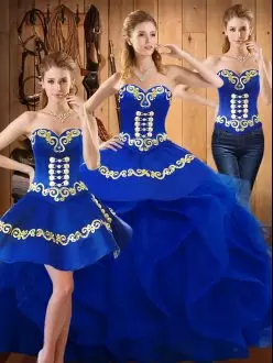 Fancy Blue Lace Up Sweetheart Embroidery and Ruffles Quinceanera Gowns Organza Sleeveless