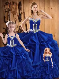 Organza Sweetheart Sleeveless Lace Up Embroidery and Ruffles Quinceanera Gown in Royal Blue