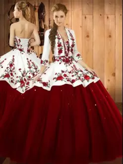 Dark Red Embroidery Quinceanera Dress Wine Red Lace Up Back With Jacket