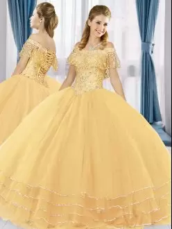 Free and Easy Gold Short Sleeves Floor Length Beading and Ruffled Layers Lace Up Quince Ball Gowns Off The Shoulder