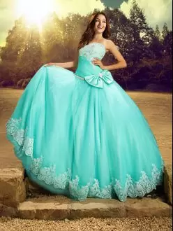 Tulle Strapless Sleeveless Lace Up Beading and Lace and Bowknot Quinceanera Gowns in Apple Green