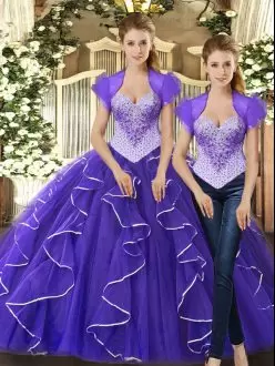 Tulle Straps Sleeveless Lace Up Beading and Ruffles Quinceanera Dress in Purple