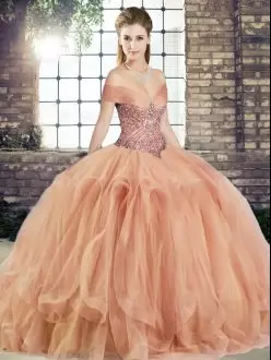 Inexpensive Peach Lace Up Quince Ball Gowns Beading and Ruffles Sleeveless Floor Length