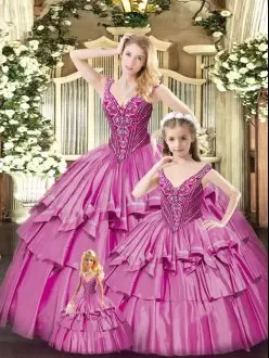 Deluxe Ball Gowns Sweet 16 Quinceanera Dress Fuchsia V-neck Organza Sleeveless Floor Length Lace Up