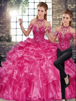 Admirable Fuchsia Sleeveless Floor Length Beading and Ruffles Lace Up 15th Birthday Dress Halter Top