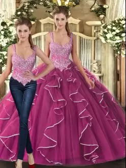 Beading and Ruffles 15 Quinceanera Dress Fuchsia Lace Up Sleeveless Floor Length