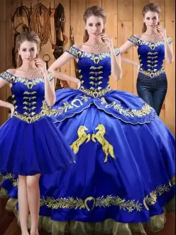 Satin and Organza Off The Shoulder Sleeveless Lace Up Embroidery 15th Birthday Dress in Royal Blue