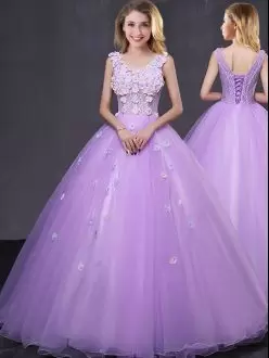 Sumptuous Floor Length Lace Up Sweet 16 Quinceanera Dress Lavender for Military Ball and Sweet 16 and Quinceanera with Lace and Appliques