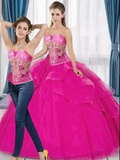 Admirable Fuchsia Ball Gowns Tulle Sweetheart Sleeveless Beading and Appliques Floor Length Lace Up 15th Birthday Dress