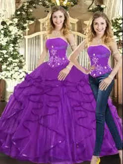 Tulle Strapless Sleeveless Lace Up Beading and Ruffles Quinceanera Gown in Purple