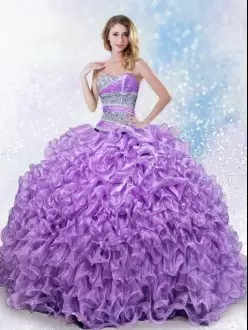 High End Lavender Ball Gowns Beading and Ruffles 15th Birthday Dress Lace Up Organza Sleeveless Floor Length