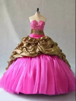 Top Selling Hot Pink Quinceanera Gown Sweet 16 and Quinceanera with Beading and Pick Ups V-neck Sleeveless Brush Train Lace Up