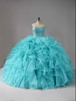 Organza Sweetheart Sleeveless Lace Up Beading and Ruffles Quinceanera Dresses in Aqua Blue