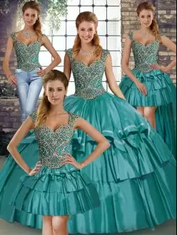Teal Sleeveless Beading and Ruffled Layers Floor Length Quinceanera Dresses