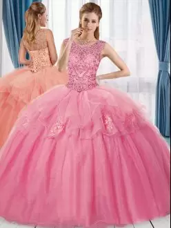 Adorable Rose Pink Ball Gowns Scoop Sleeveless Tulle Floor Length Lace Up Beading and Appliques Quinceanera Dresses