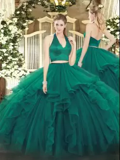 Dark Green Zipper Halter Top Ruffles Sweet 16 Dresses Organza Sleeveless
