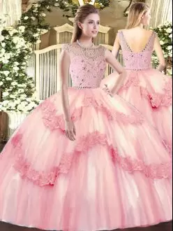 Baby Pink Sleeveless Beading and Appliques Floor Length 15th Birthday Dress