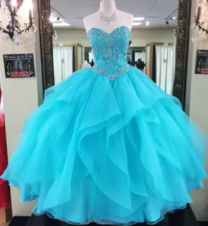 Superior Sleeveless Sweetheart Lace Up Floor Length Beading and Ruffled Layers 15th Birthday Dress Sweetheart