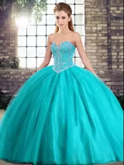 Aqua Blue Ball Gowns Beading Sweet 16 Dresses Lace Up Tulle Sleeveless