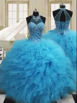 Elegant Baby Blue Tulle Lace Up Scoop Sleeveless Floor Length Quinceanera Dresses Beading and Ruffles