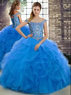 Ideal Blue Tulle Lace Up Quinceanera Gowns Sleeveless Brush Train Beading and Ruffles