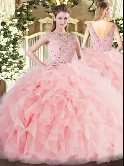Baby Pink Zipper Bateau Beading and Ruffles Quinceanera Dresses Tulle Sleeveless