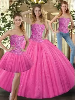 Super Hot Pink Tulle Lace Up Sweetheart Sleeveless Floor Length Sweet 16 Quinceanera Dress Beading