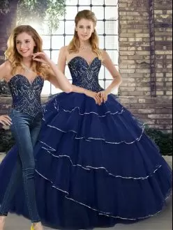 Navy Blue 15 Quinceanera Dress Sweetheart Sleeveless Brush Train Lace Up