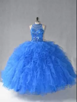 Custom Fit Floor Length Lace Up Quinceanera Gowns Royal Blue for Sweet 16 and Quinceanera with Beading and Ruffles