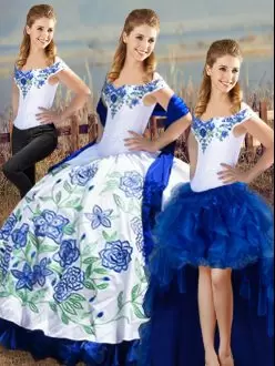 Column Sheath Sweet 16 Dresses Blue And White Off The Shoulder Satin Sleeveless Floor Length Lace Up