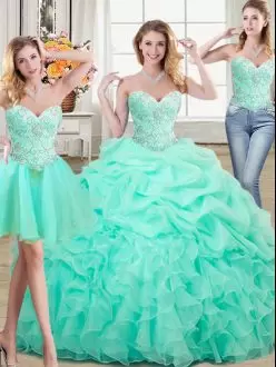 Apple Green Lace Up Quinceanera Gown Beading and Ruffles and Pick Ups Sleeveless Floor Length