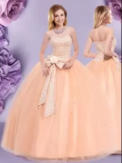 Sleeveless Floor Length Beading and Bowknot Zipper Quinceanera Gowns with Peach