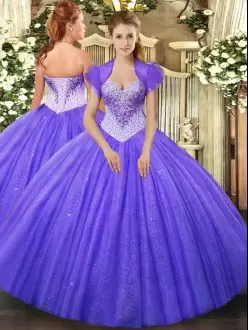 Romantic Floor Length Lace Up Vestidos de Quinceanera Lavender for Military Ball and Sweet 16 and Quinceanera with Beading