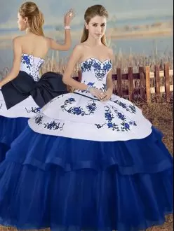 Vintage Royal Blue Lace Up Sweetheart Embroidery and Bowknot Quinceanera Dresses Tulle Sleeveless