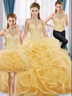 Captivating Gold Three Pieces Scoop Sleeveless Tulle Floor Length Lace Up Beading Sweet 16 Dress