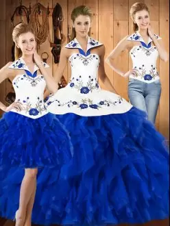 Great Sleeveless Satin and Organza Floor Length Lace Up Ball Gown Prom Dress in Blue And White with Embroidery