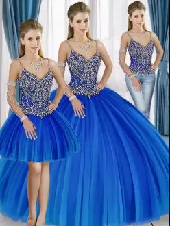Straps Sleeveless Vestidos de Quinceanera Floor Length Beading Blue Tulle