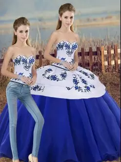 Enchanting Royal Blue Two Pieces Sweetheart Sleeveless Tulle Floor Length Lace Up Embroidery and Bowknot Sweet 16 Dress