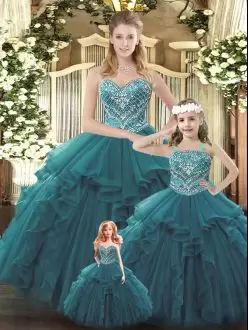 Lovely Teal Sleeveless Organza Lace Up Sweet 16 Dress for Military Ball and Sweet 16 and Quinceanera
