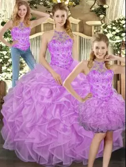 Simple Halter Top Sleeveless Lace Up Sweet 16 Quinceanera Dress Lilac Tulle Beading and Ruffles