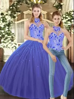 Sleeveless Tulle Floor Length Lace Up Sweet 16 Dresses in Blue with Embroidery
