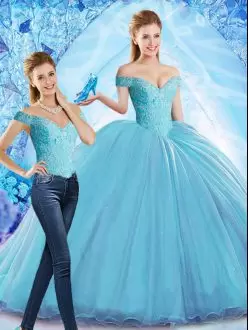 Attractive Sleeveless Off The Shoulder Sweep Train Beading Lace Up Vestidos de Quinceanera